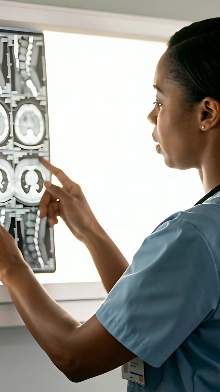 Vertical video: Reacting to backlight, Dr in scrubs pointing at brain spine scans in clinic noting