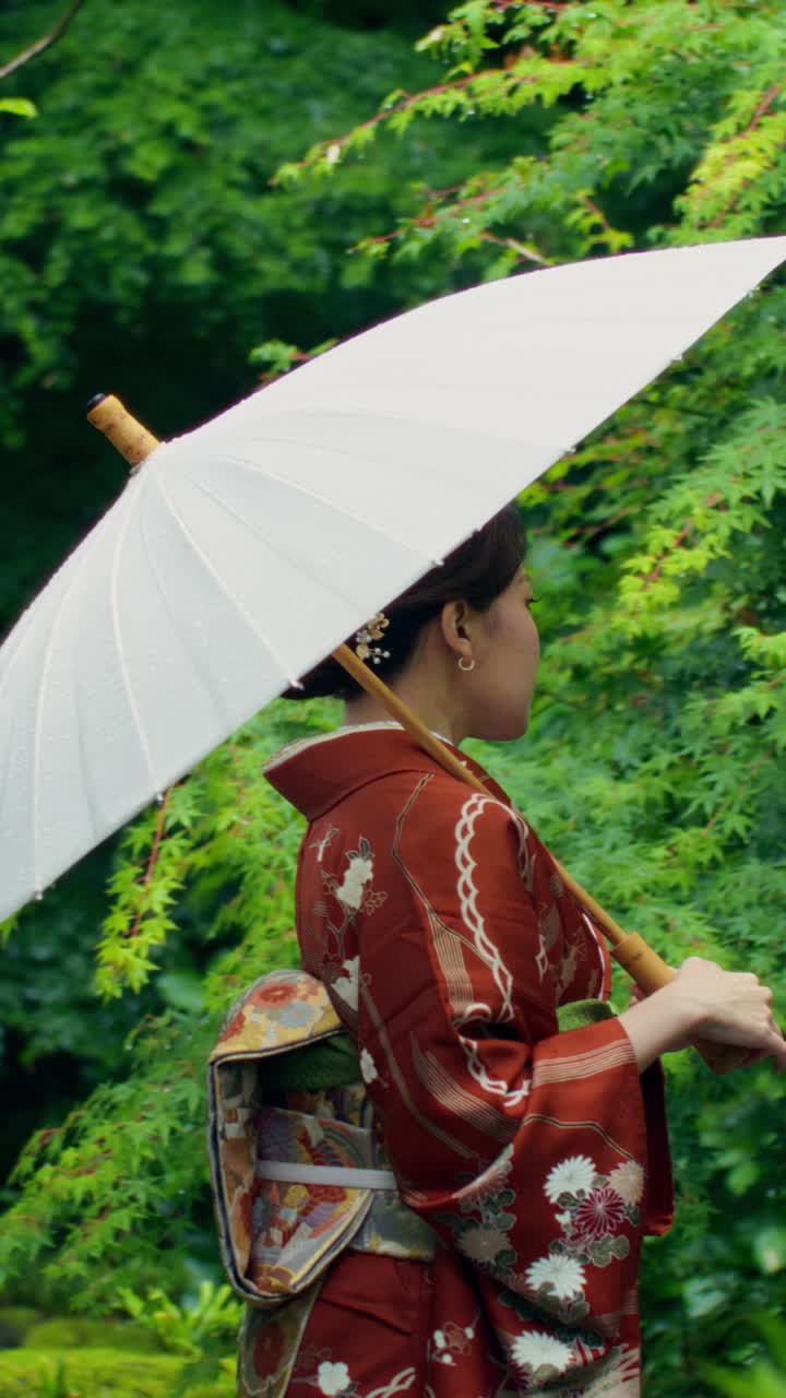 Woman in Traditional Japanese Kimono with Umbrella in a Garden