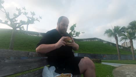 Fat-Caucasian-man-eating-a-burger-and-chips-alone-on-a-park-bench