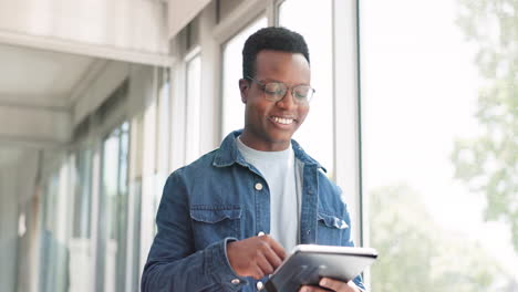 Happy,-black-man-and-walking-with-tablet-in-office