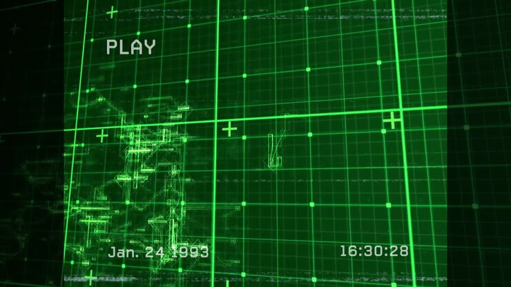 Animation of green digital grid overlay with date and time in vintage style