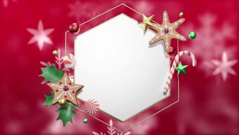 Animation-of-christmas-decorations-around-blank-white-hexagonal-sign-over-snowflakes-on-red