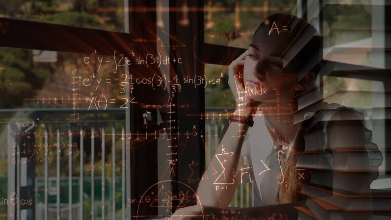 백인 여성 학생에 대한 수학 수식의 애니메이션