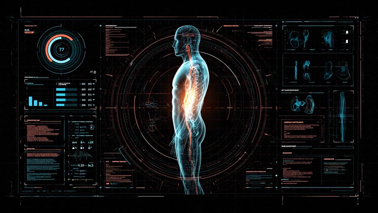 Human body digital scan shown on a dark medical analysis interface in detailed scientific footage