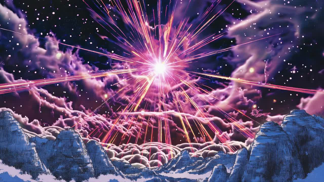 A dynamic, low-angle shot captures a cosmic explosion in a vibrant, animated style, perfect