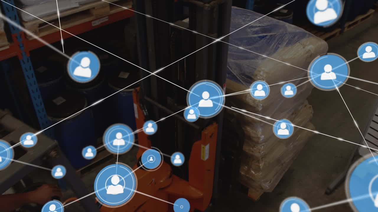 animación de la red de conexiones con iconos sobre el trabajador en el almacén