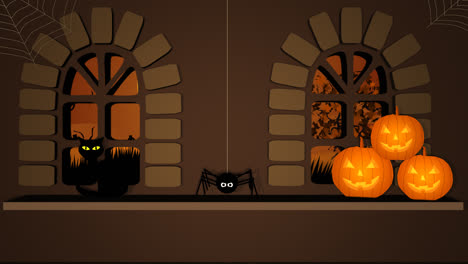 Halloween-in-a-dark,-creepy-witch-house.-The-room-is-full-of-scary-jack-o-lanterns,-old-books,-and-many-spooky-animals-like-cats-and-mice.-Evil,-dark-spider-is-hanging-on-a-web.