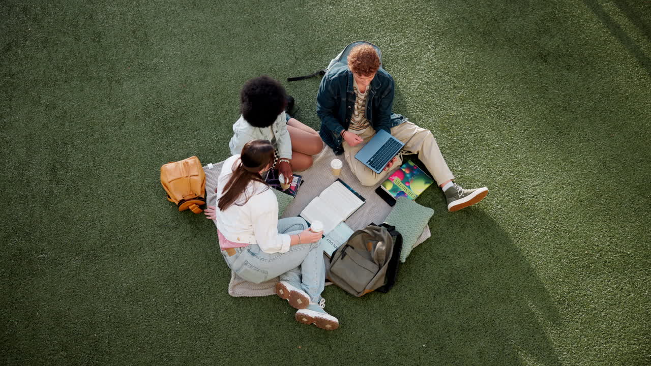 Students studying together on grass