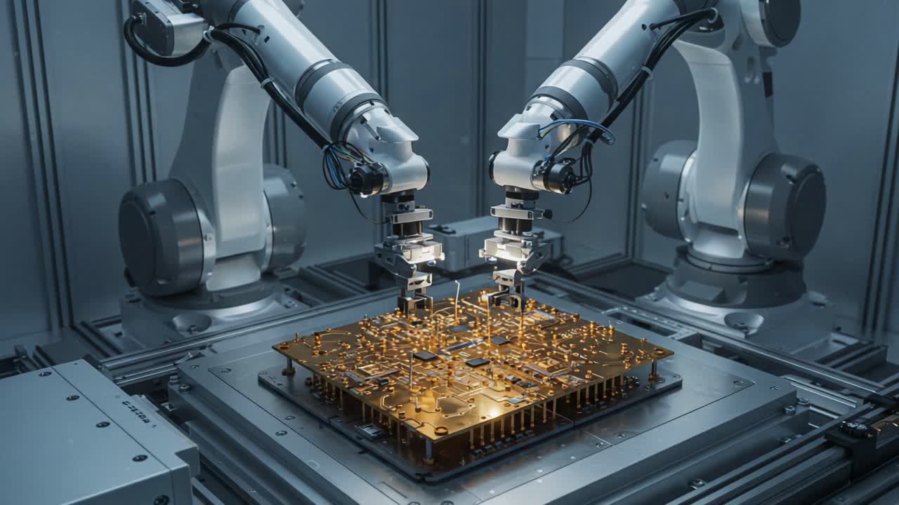 Advanced Robotic Automation Engaged in Precision Assembly of a Complex Circuit Board Using High-Precision Manipulators in a State-of-the-Art Factory Environment