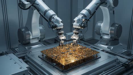 advanced robotic automation engaged in precision assembly of a complex circuit board using high-precision manipulators in a state-of-the-art factory environment