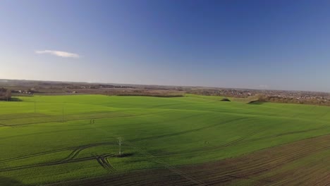 Drohnenaufnahme-Von-Sanften-Grünen-Feldern-Und-Blauem-Himmel