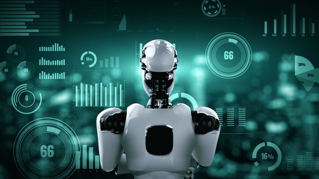 Il futuro controllo della tecnologia finanziaria da parte del robot umanoide AI utilizza l'apprendimento automatico