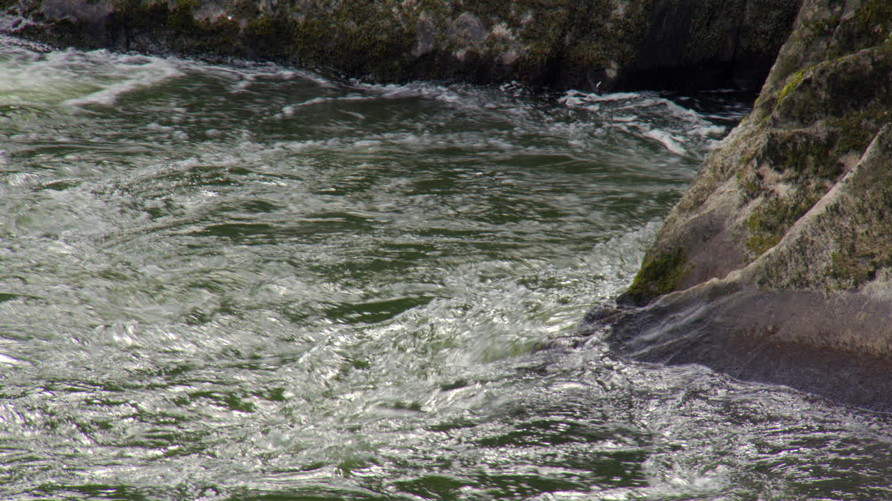 Fast flowing river Teifi flowing around rocks at the base of Cenarth falls