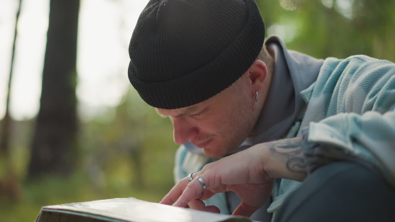 Um homem branco caminhando e estudando um mapa em uma floresta tranquila, usando gorro e jaqueta jeans, pulso tatuado, close-up das mãos traçando o percurso no papel, luz solar filtrando pelas árvores, expressão concentrada, navegação ao ar livre
