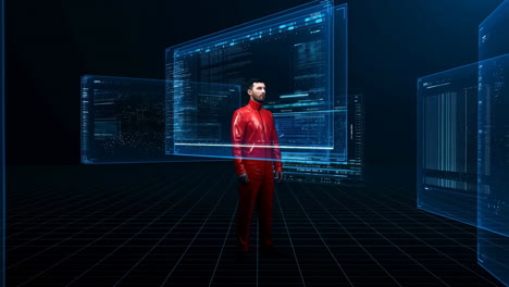 man in a red suit in a futuristic virtual data environment