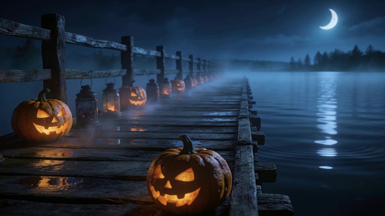 Zucca intagliata tremolante che brilla su un molo di notte, lanterne accese, la luna crea increspature