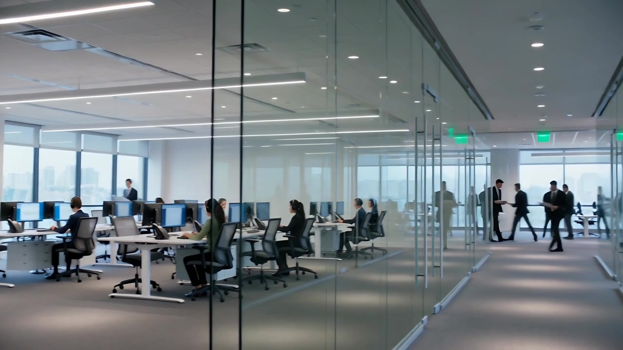 Panning camera revealing office team typing for tasks in business casual with monitors, glass wall