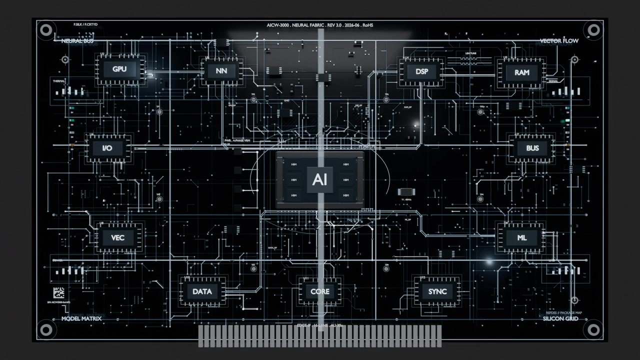 Punto di vista in zoom che parte da un debole bagliore, rivelando un modulo IA su un circuito stampato con una barra di scansione in movimento