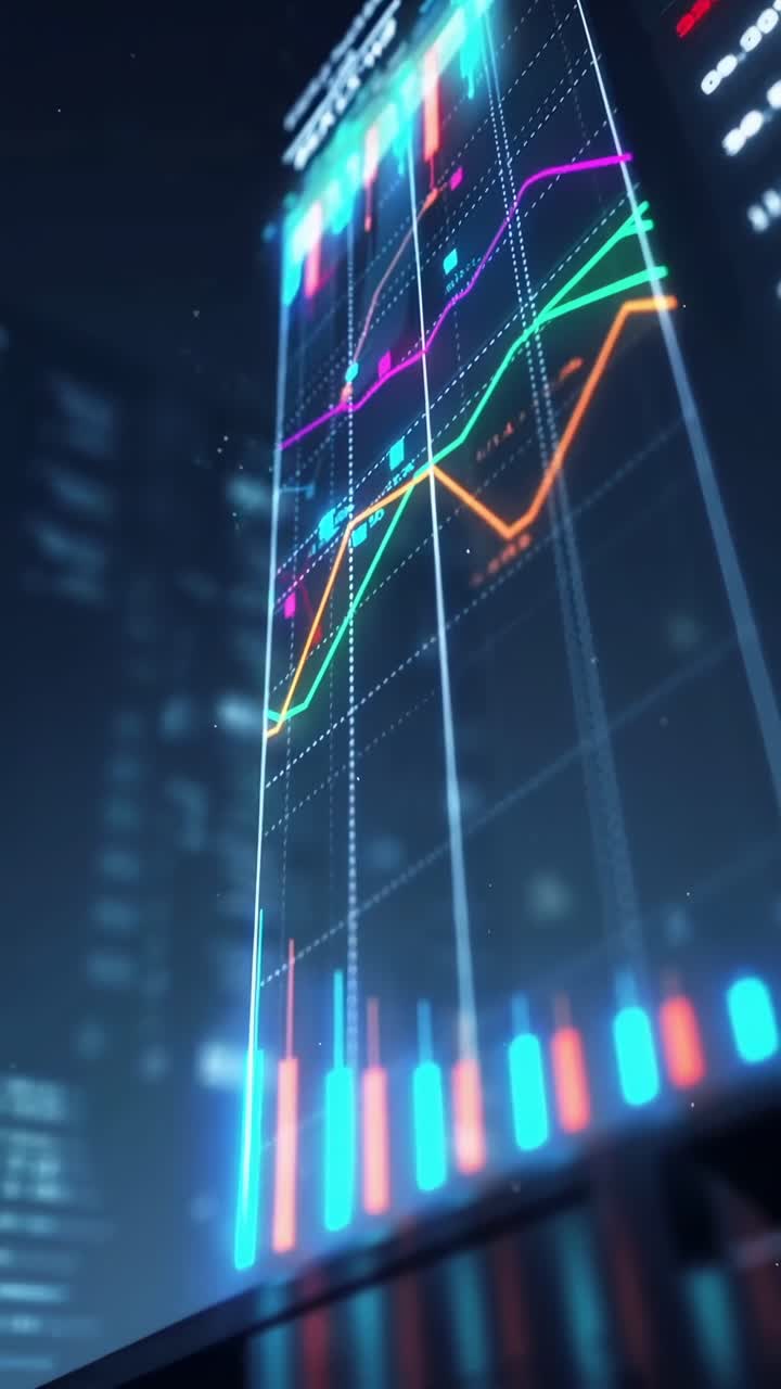 Vídeo dinâmico de gráficos de ações coloridos de um ângulo baixo, exibindo um estilo futurista