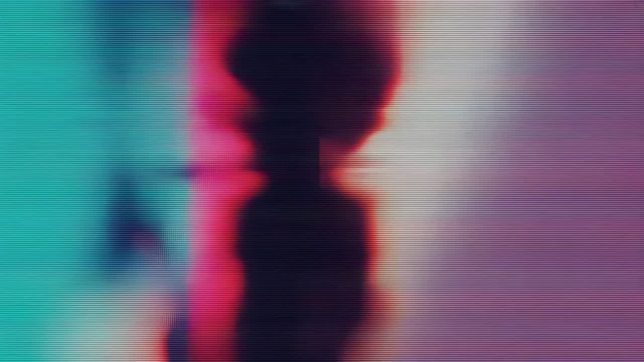 Rotating backlit figure facing camera during camera shifting at colored panels, glitching scanline