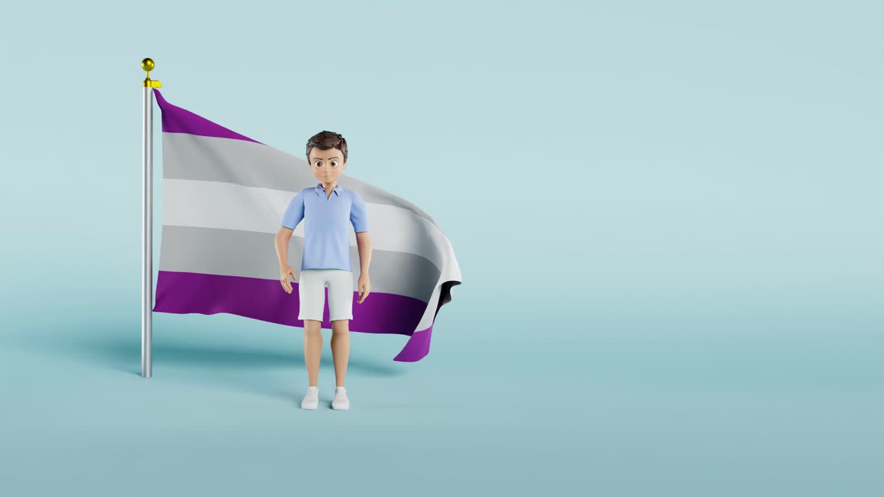 Animasjonsvideo av en mann som står og vinker foran det gråseksuelle stolthetsflagget
