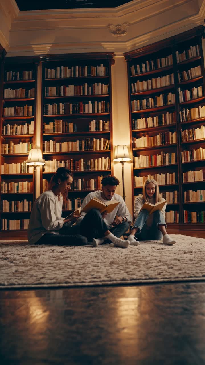 A cozy library scene with three people reading on a rug, captured from a low angle