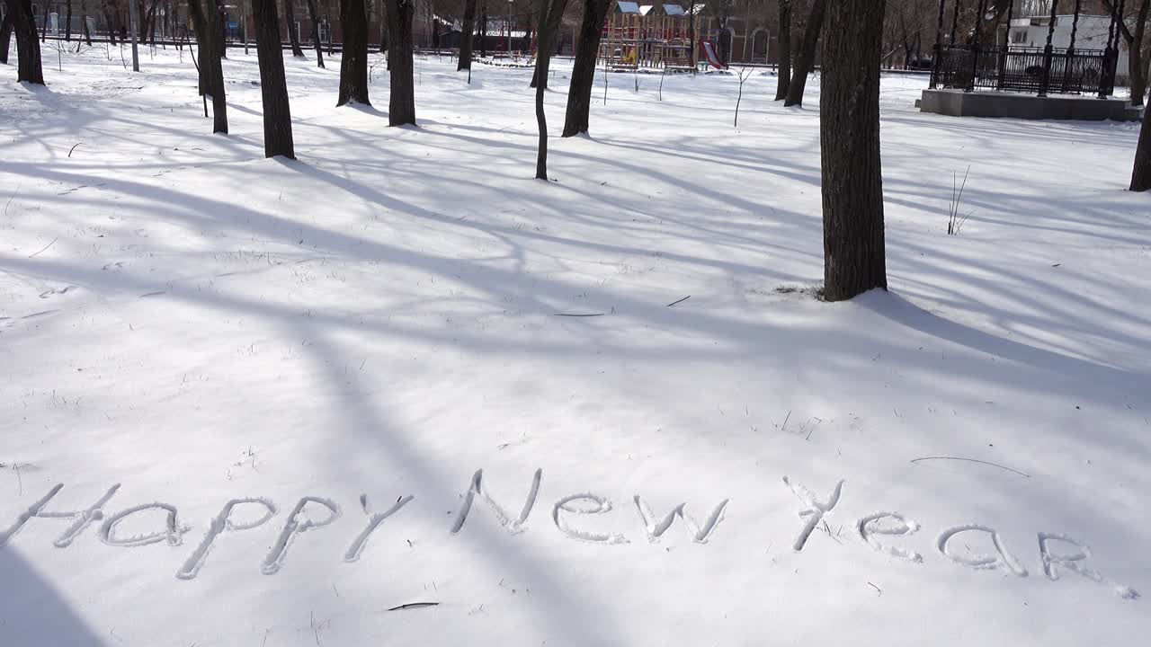 Scritta di buon anno sulla neve. Ripresa in inverno.