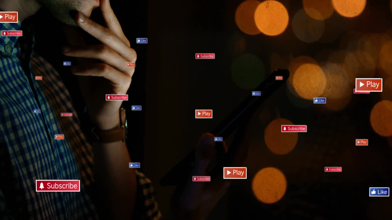 Holding smartphone, person interacting with animation buttons over blurred lights