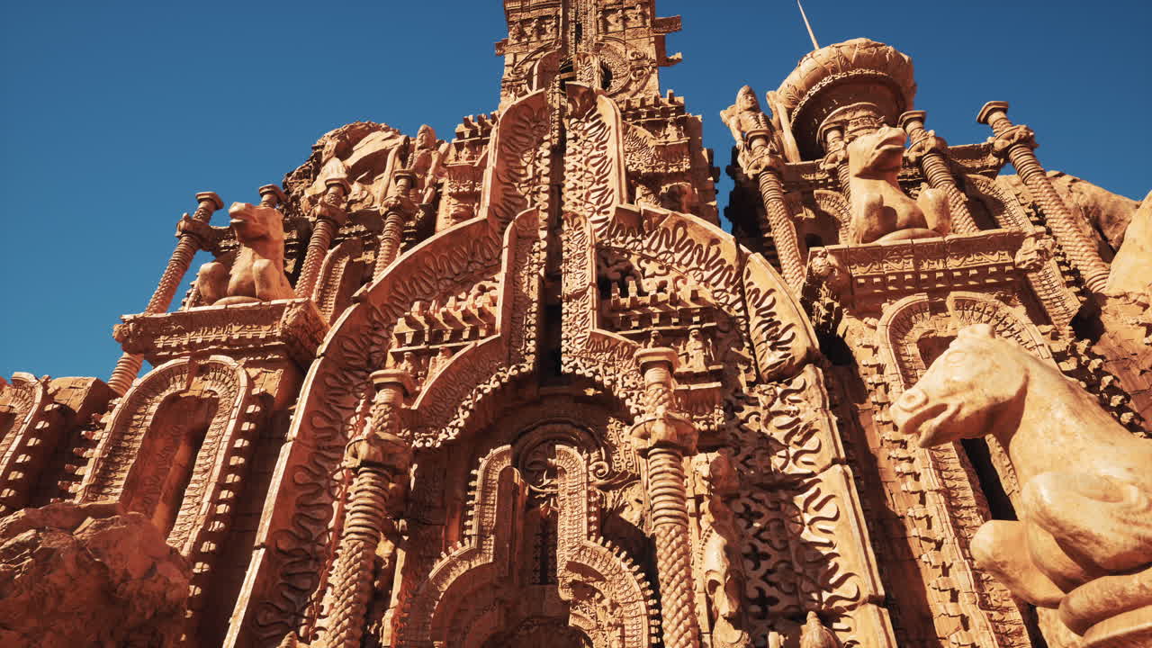 복잡한 세부 사항을 가진 크고 장식 된 돌 조각의 근접 시각. 조각은 사막 설정에 위치하고 있으며 하늘은 은 파란색입니다.