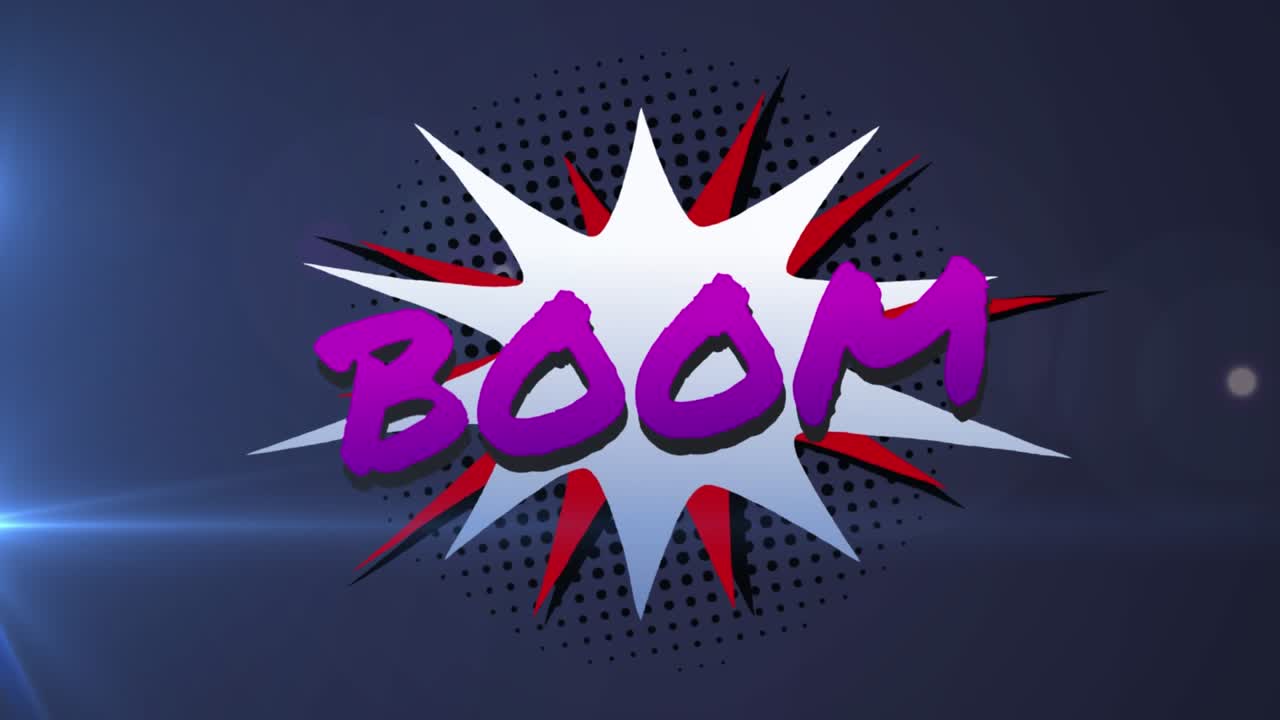 Animation des Textes 'Boom' über Lichtspuren und Punkten auf schwarzem Hintergrund.