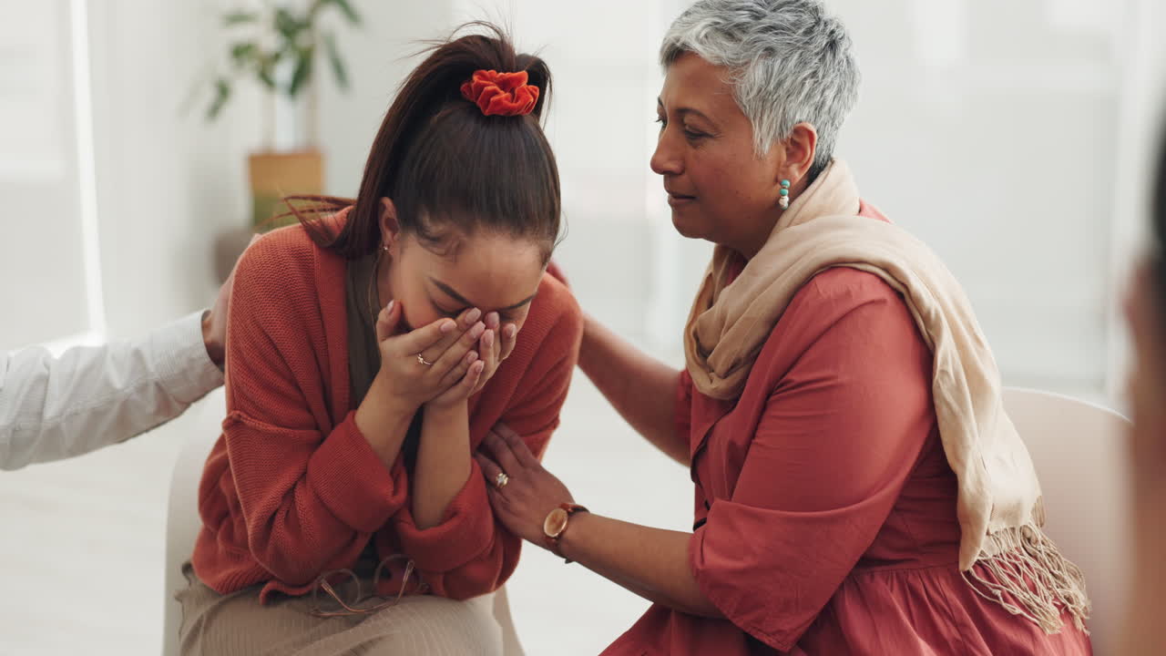 People, women and therapy with crying