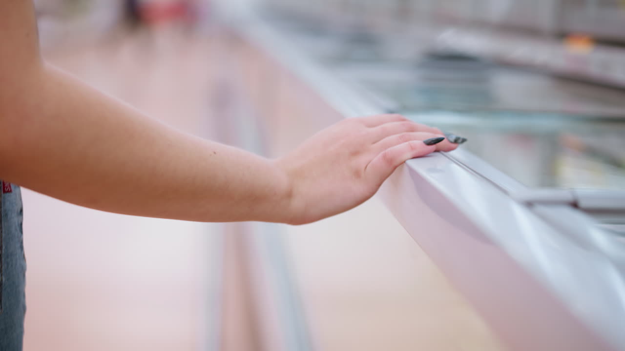 primer plano de la mano de una mujer con uñas negras que se desliza sobre la superficie del refrigerador en el centro comercial, mostrando una pantalla reflectante en un entorno elegante con fondo borroso