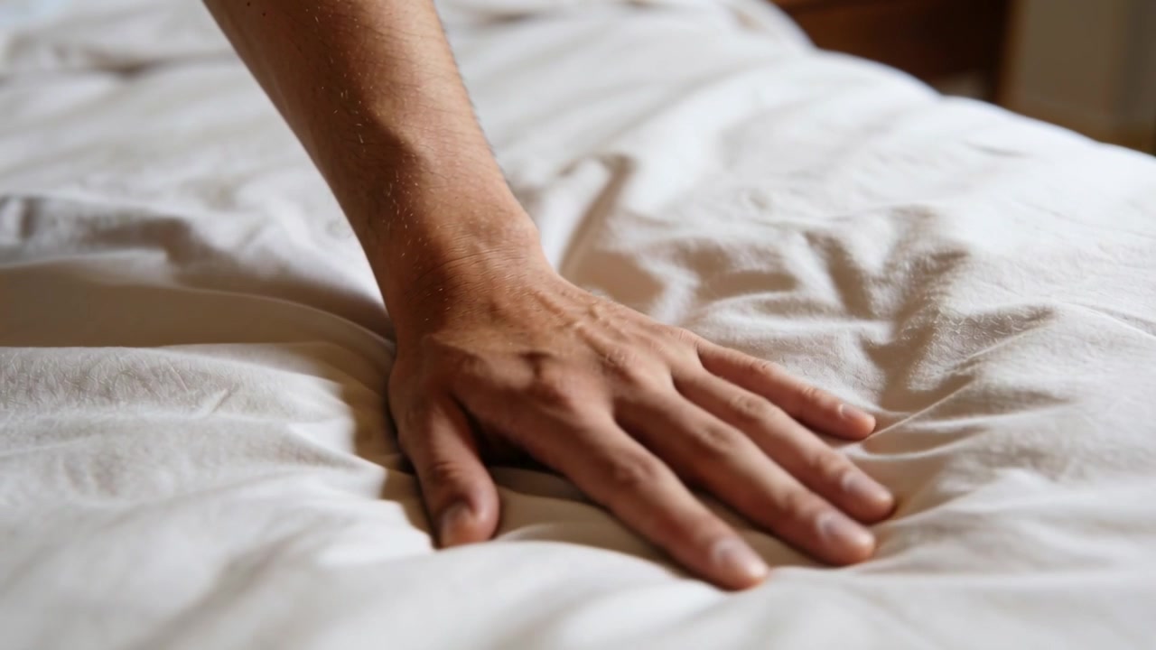 Tangan pria masuk dari kanan bingkai, menyentuh selimut putih, menekan tempat tidur di kamar tidur yang hangat