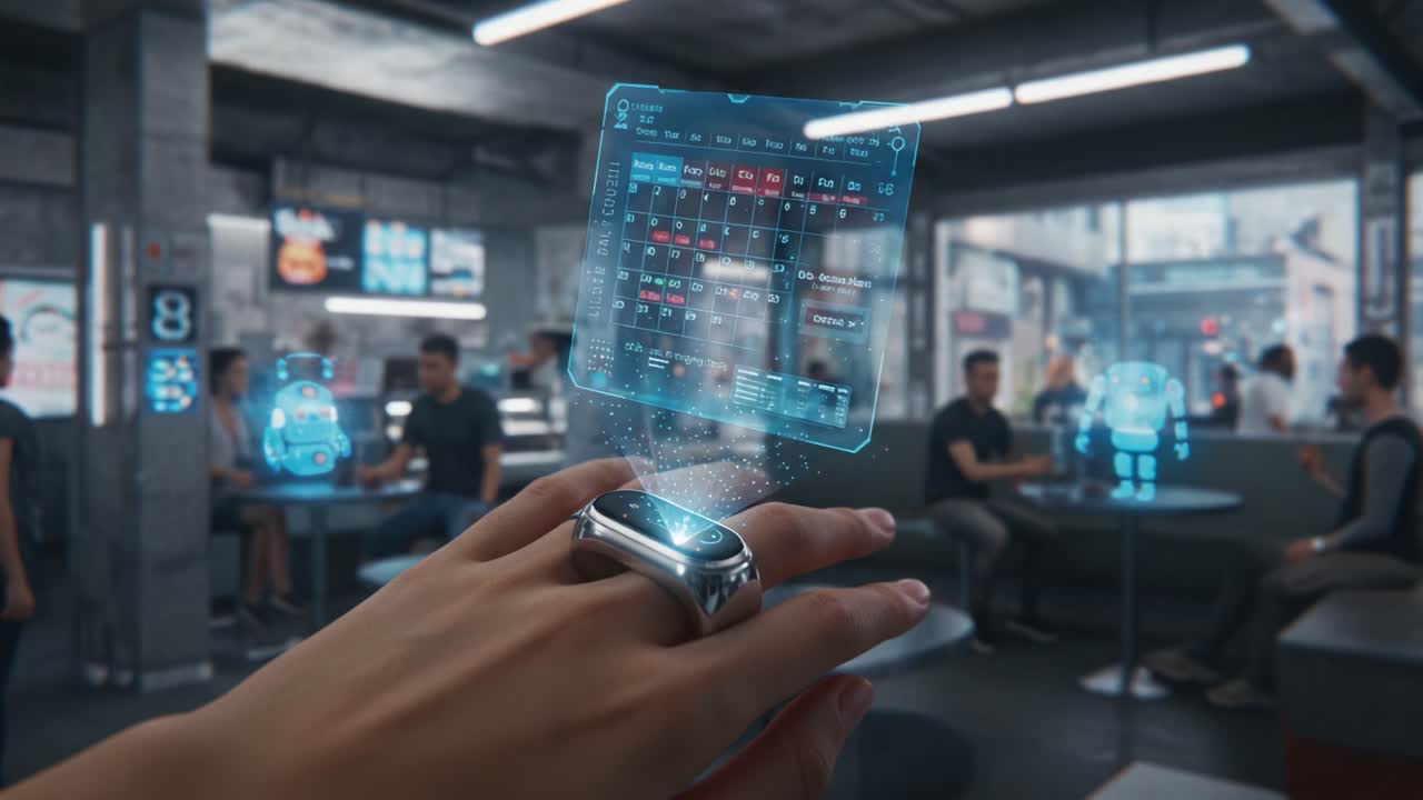 Futuristic Smart Ring Interface Displaying Digital Calendar While Interacting with Modern Cafe Environment and Holographic Technology