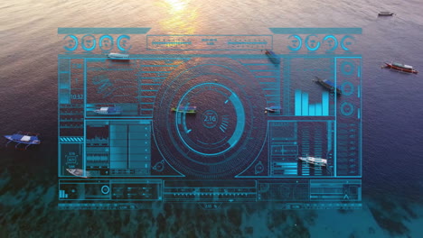 boats on water with animation overlay displaying futuristic data and graphs