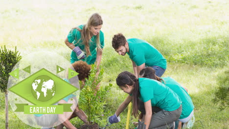 animation of earth day text and globe logo over happy eco volunteers planting tree