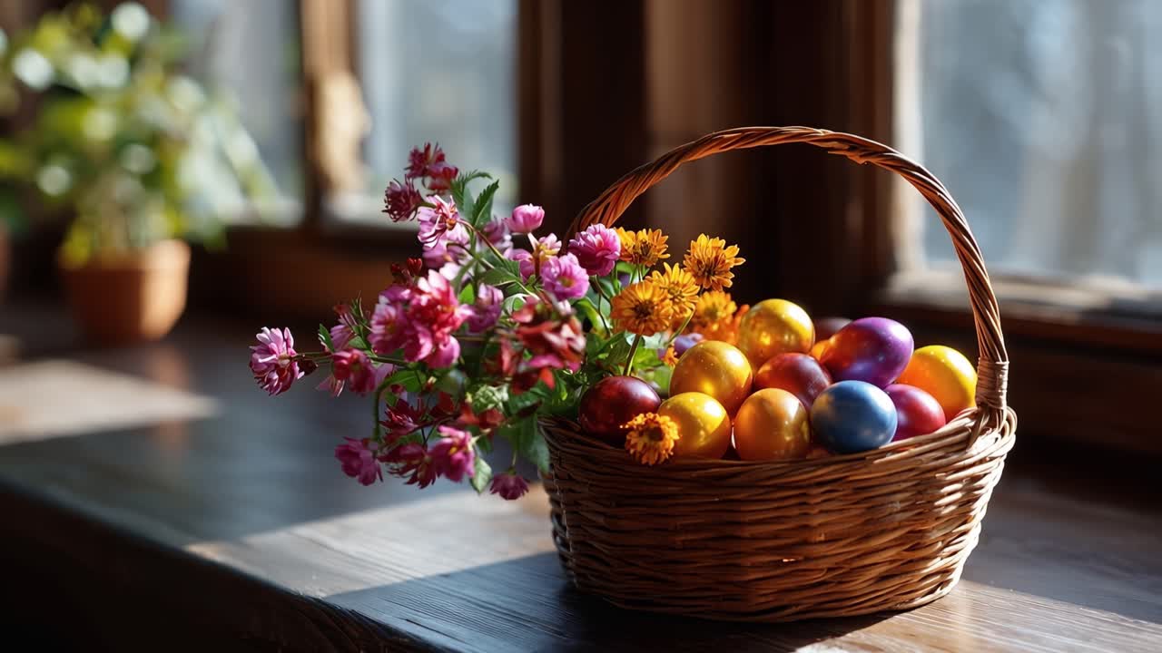Sunlight warms a woven basket filled with colorful eggs. Pink and yellow blooms lean gently beside the eggs. The basket rests on a wooden windowsill. Soft light highlights the basket's natural texture