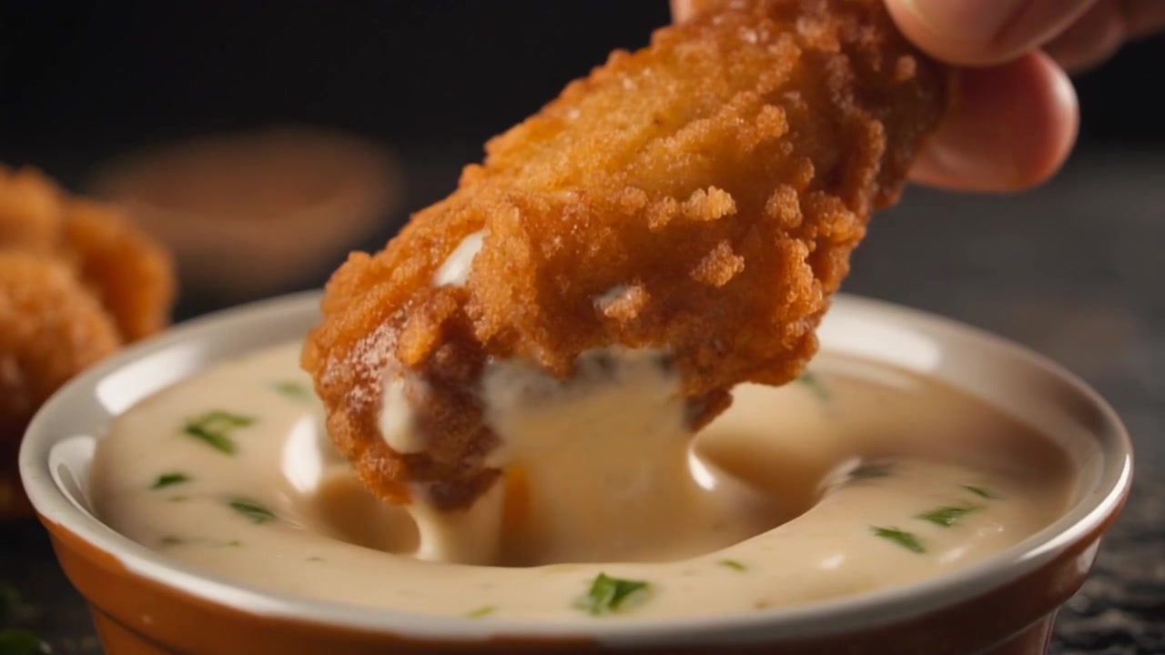 Crispy Fried Chicken Wing Dipping into Creamy Sauce