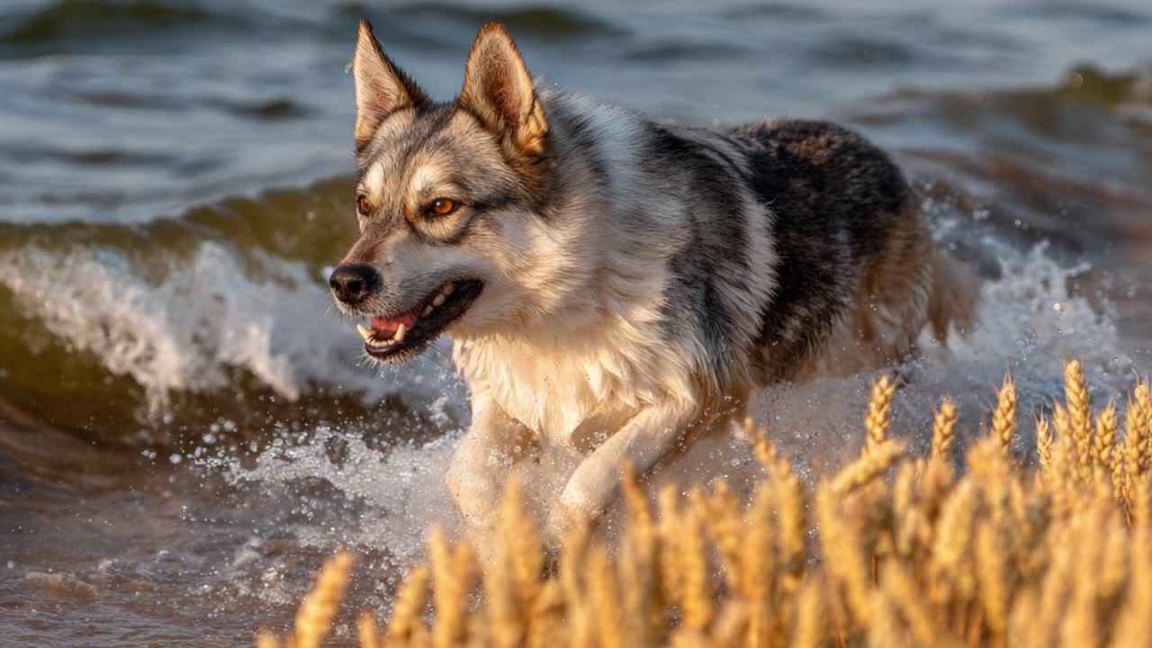A Playful Dog Joyfully Splashing in Waves Along the Shoreline, Surrounded by Golden Grasses, Embracing the Beauty of Nature and the Joy of Outdoor Adventures