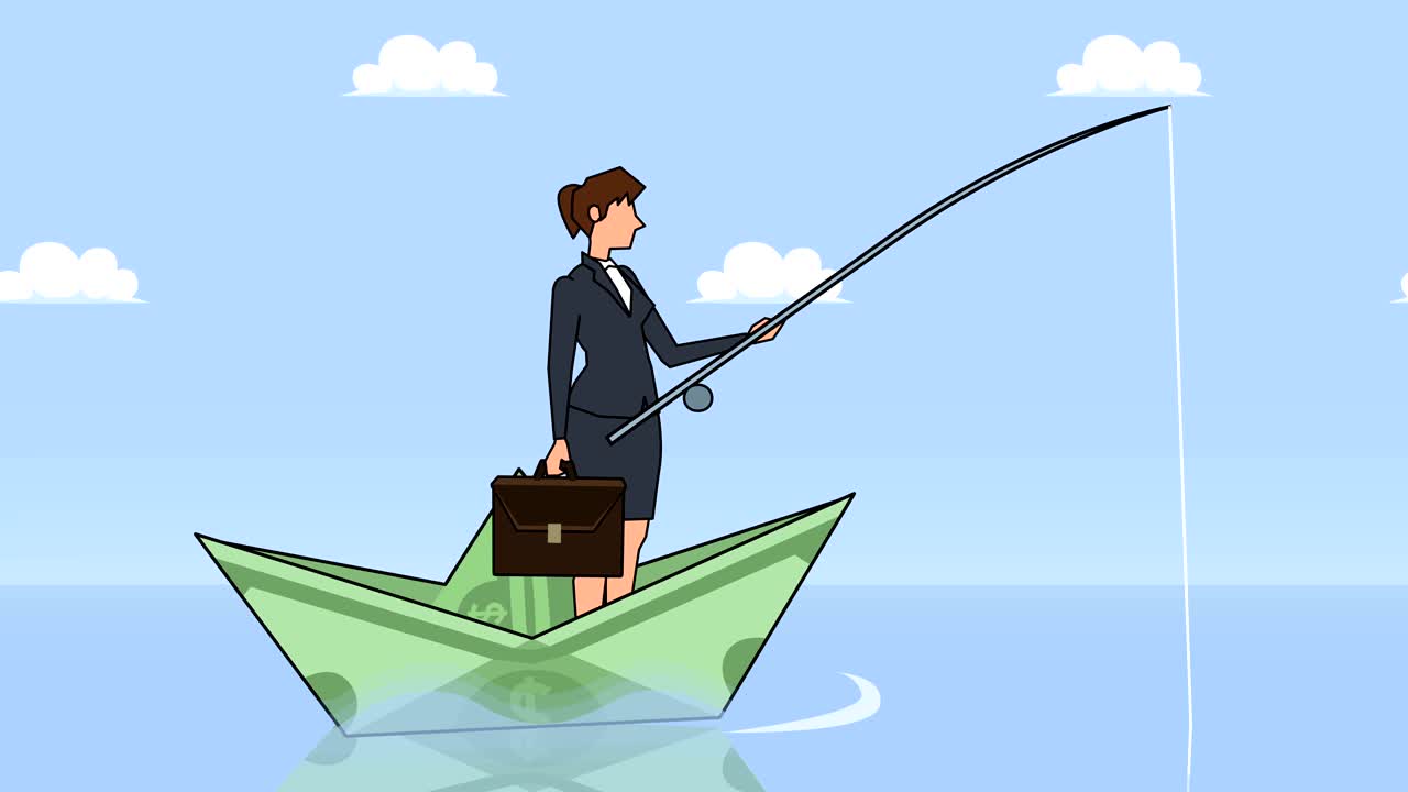 평평한 만화 사업가 캐릭터: 달러 종이 배에 떠있는 시줄을 가진 시 금융 사업 개념 애니메이션