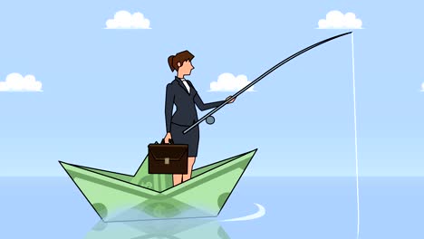 flat cartoon businesswoman character fisher with fishing rod floating on dollar paper boat finance businesss concept animation