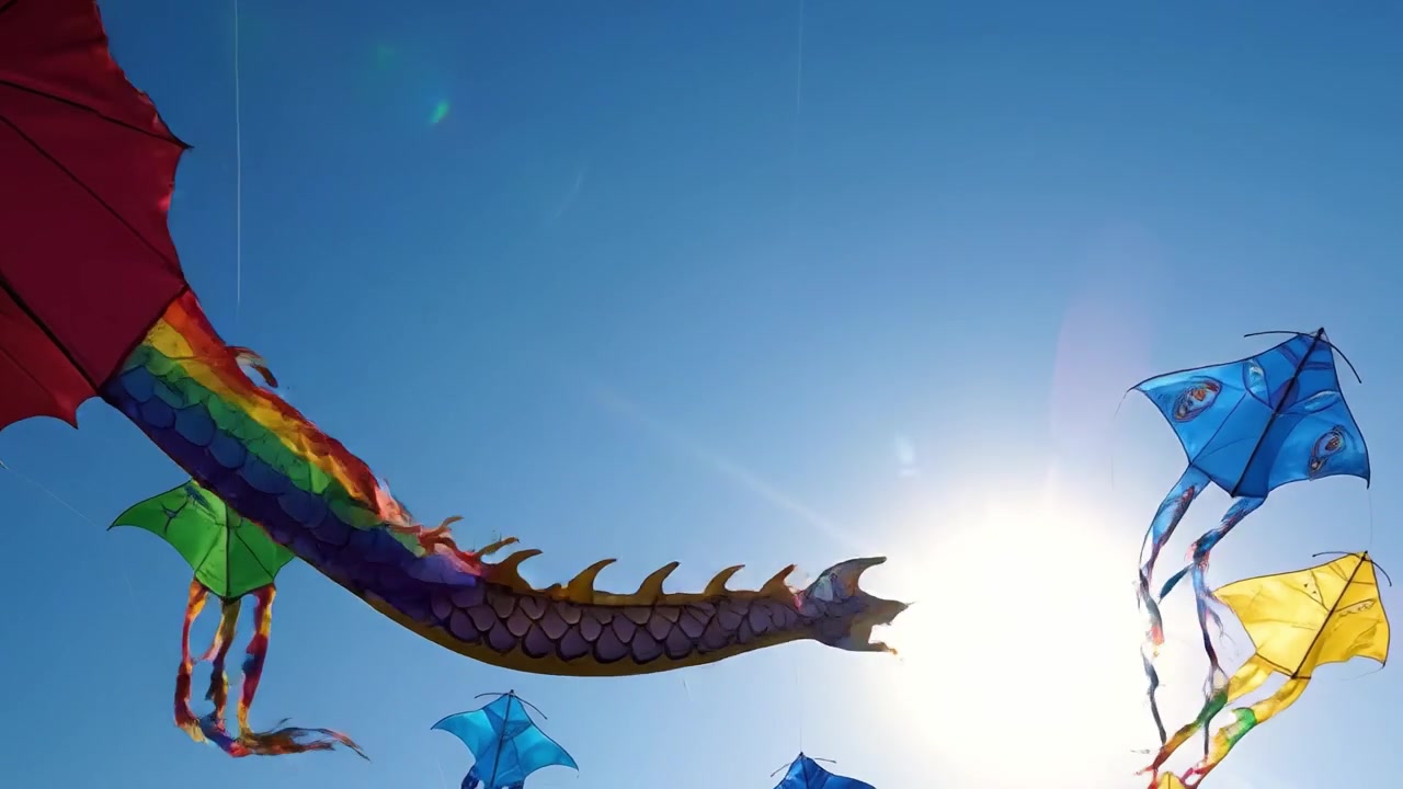 Cometas coloridas elevándose en un cielo azul claro contra el sol radiante, capturando la alegría y la libertad del vuelo en una vibrante exhibición de diversión al aire libre.