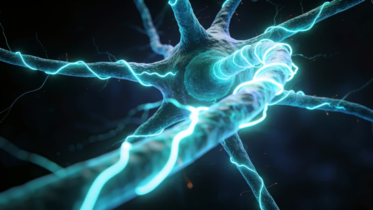 Neuron axon propagating turquoise spike from node toward soma, illuminating dendrites for neuro