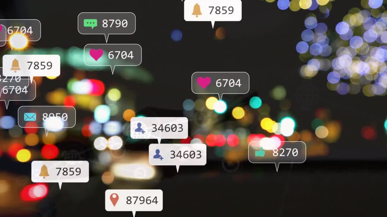 animación de iconos de redes sociales y conexiones en la ciudad