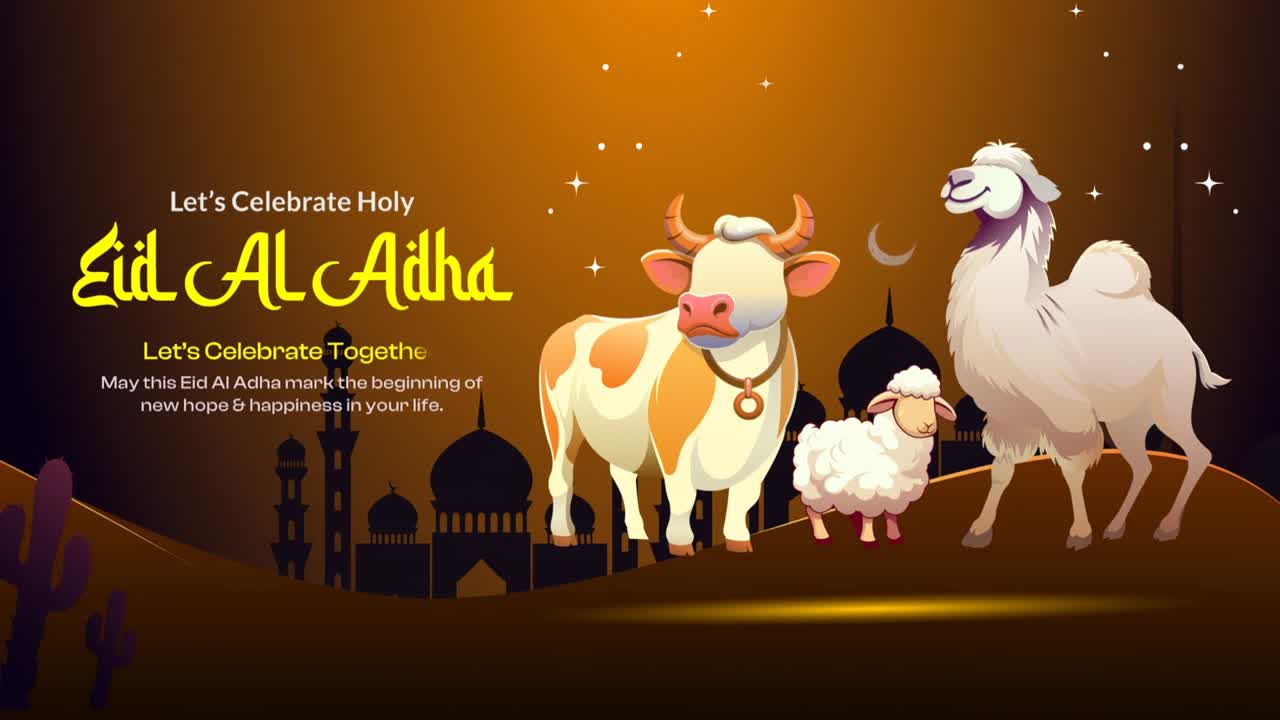 Animazione banner per la celebrazione dell'Eid al-Adha, con mucca, pecora e lama sullo sfondo di uno skyline di moschee notturno.