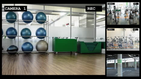 four security camera views of gym with exercise rooms, equipment and car park, slow motion