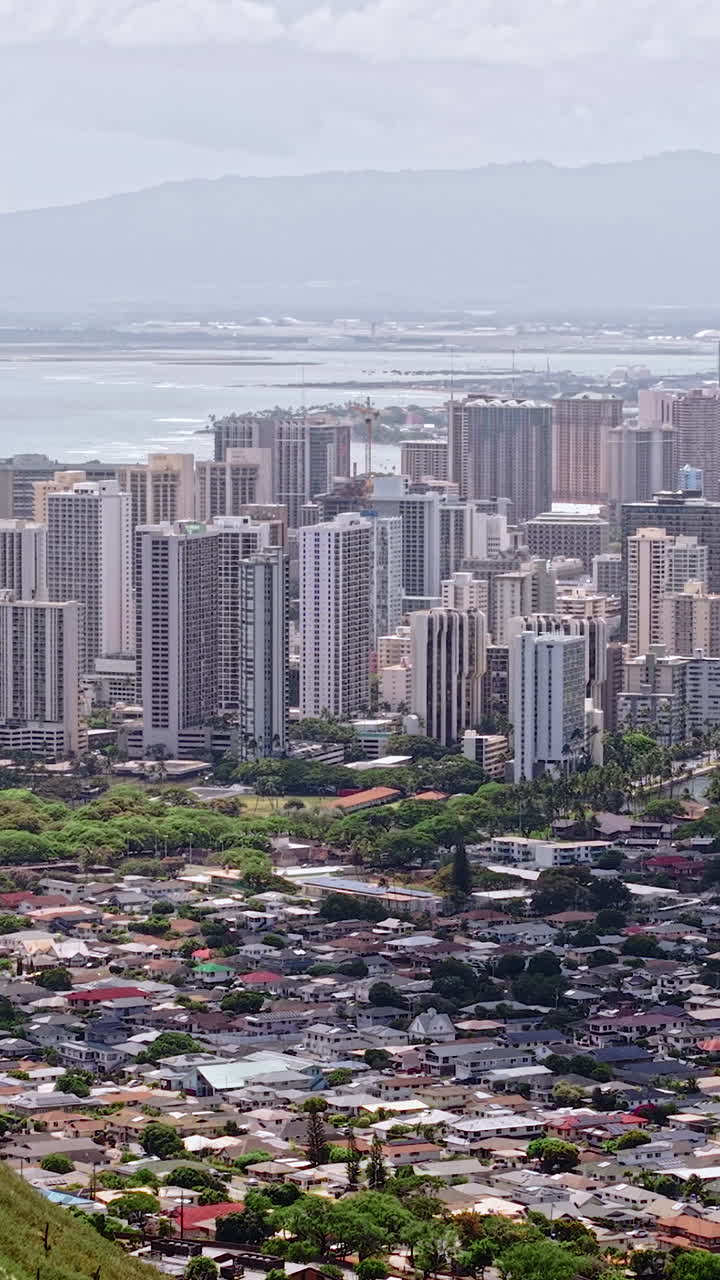 Vertical Aerial View of Honolulu, Hawaii USA From Diamond Head Tuff Cone, Volcanic Ridgeline and Cityscape