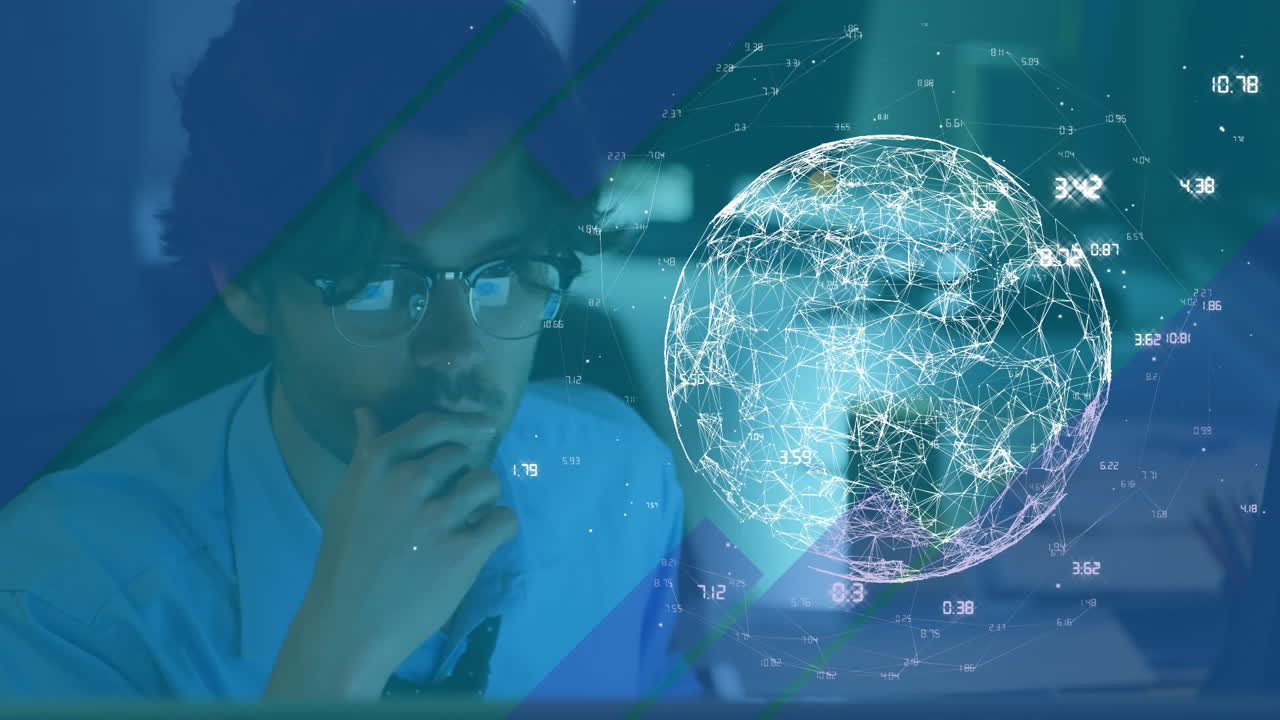 사무실에서 컴퓨터를 사용하는 사업가에 대한 연결 네트워크와 함께 지구촌의 애니메이션