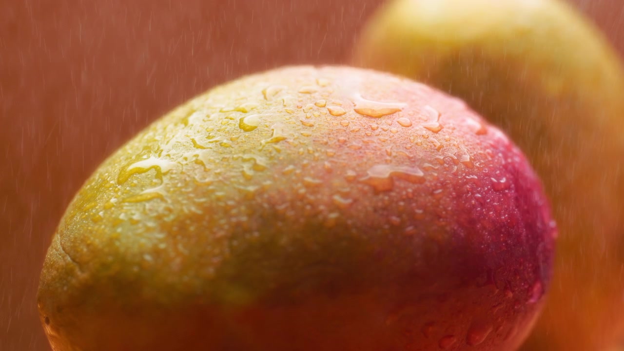 Vand der sprøjter over roterende mangofrugt på orange baggrund