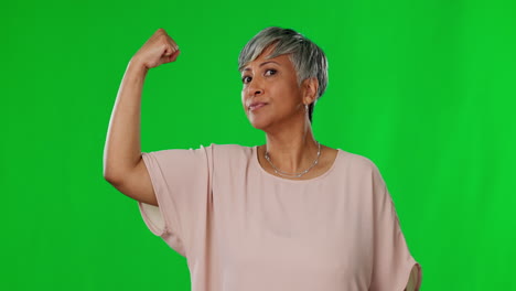 Face,-green-screen-and-senior-woman-flex-arm